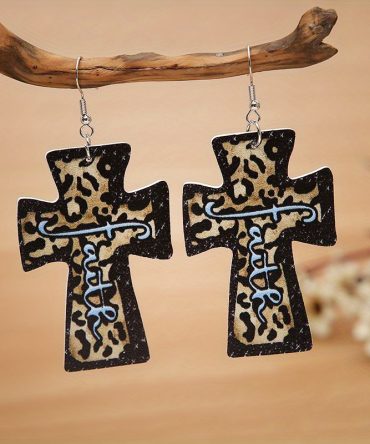 Retro Cross With Leopard Pattern Hook Earrings PU Leather Light Weight Exquisite Gift For Women Girls