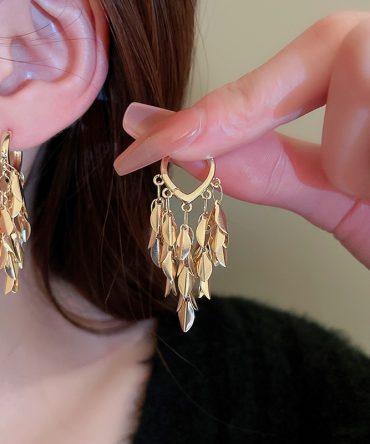 Leaves Long Tassel Drop Ear Hook Earrings Charm Copper Earrings Fashion Jewelry Gift