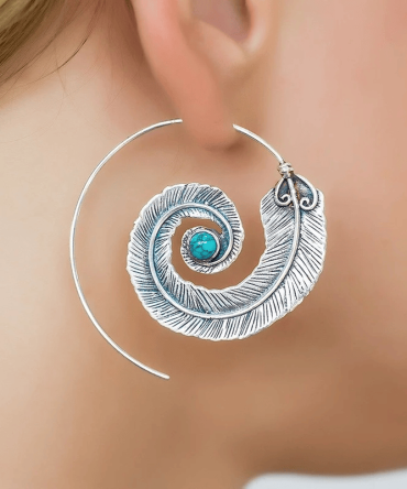 Vintage Earrings Geometric Spiral Feather Metal Engraved Pattern Earrings Boho Style Spiral Dangle Earrings For Wife And Friends