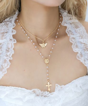 Fashion Vintage Angel Geometric Round Charm Halter 100% Natural Pearls Y Criss Cross Fringe Necklace