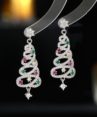 S925 Silvery Needle Holiday Atmosphere Earrings, Niche Design Zircon Snowflake Colorful Christmas Tree Earrings