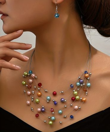 Ethnic Multilayer Colorful Beads Necklace & Earrings Set For Women Simulated Pearl Crystal Jewelry Set Personality Party Favors