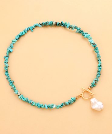 Upgrade Your Style with our Fashionable Baroque Pearl and Turquoise Short Necklace with Removable Pearl and OT Buckle