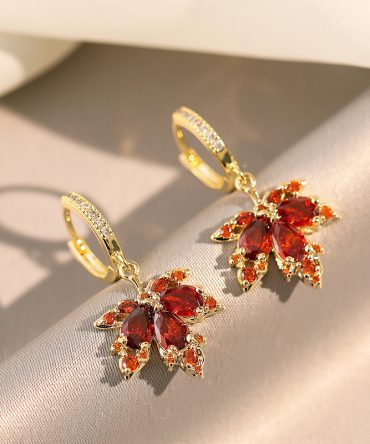 Red Maple Leaf Drop Earrings Inlaid Water Drop Shape Zircon Pendant Sweet Hoop Earrings Holiday Jewelry
