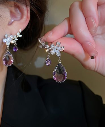 925 Silver Flower Shape Branch Zircon & Waterdrop Zircon Earrings Elegant Jewelry Female Banquet Accessories