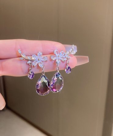 925 Silver Flower Shape Branch Zircon & Waterdrop Zircon Earrings Elegant Jewelry Female Banquet Accessories