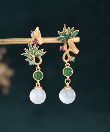 Creative Design Asymmetric Lotus Natural Chalcedony Earrings Retro Temperament With Ancient Costume Earrings