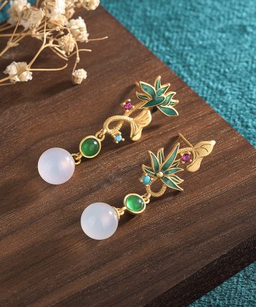Creative Design Asymmetric Lotus Natural Chalcedony Earrings Retro Temperament With Ancient Costume Earrings