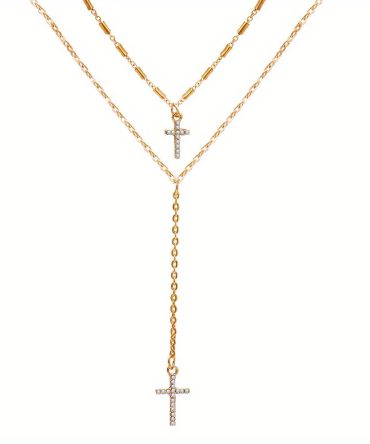 Minimalist Style Double Layer Chain Rhinestone Cross Pendant Necklace Clavicle Chain