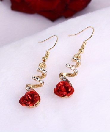1pair Men's Creative Trendy Earrings, Elegant Red Rose Pendant, Fashionable Simple Gifts For Women