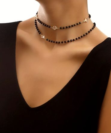 Double Layer Black Rhinestone White Zircon Necklace Women's Punk Style Necklace