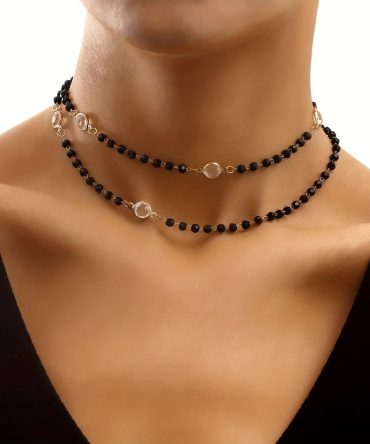 Double Layer Black Rhinestone White Zircon Necklace Women's Punk Style Necklace