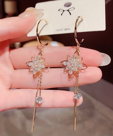Women's Elegant Flower Zircon Long Drop Earrings 925 Silver Plated Party Jewelry Gift