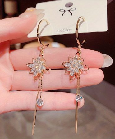 Women's Elegant Flower Zircon Long Drop Earrings 925 Silver Plated Party Jewelry Gift