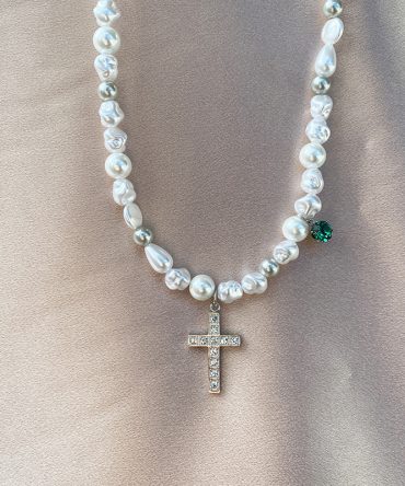 Upgrade Your Style with our Hip Hop Stainless Steel Faux Pearl Cross Necklace - Perfect Funky Jewelry Gift for Men!