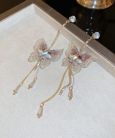 1pc Pearl Butterfly Earrings, Silver Needle Asymmetrical Zircon, Lace Inlaid Diamond Tassel Stud Super Fairy Ear Jewelry