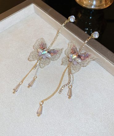 1pc Pearl Butterfly Earrings, Silver Needle Asymmetrical Zircon, Lace Inlaid Diamond Tassel Stud Super Fairy Ear Jewelry