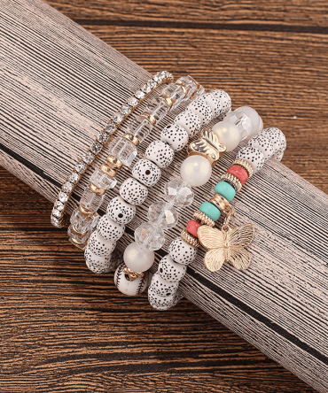 Butterfly Pendant Polyamid Layered Bracelet Set Beaded Faux Pearl Bracelet Fashion Beaded Accessory
