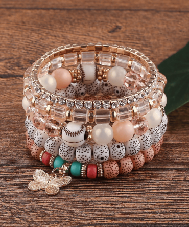 Butterfly Pendant Polyamid Layered Bracelet Set Beaded Faux Pearl Bracelet Fashion Beaded Accessory