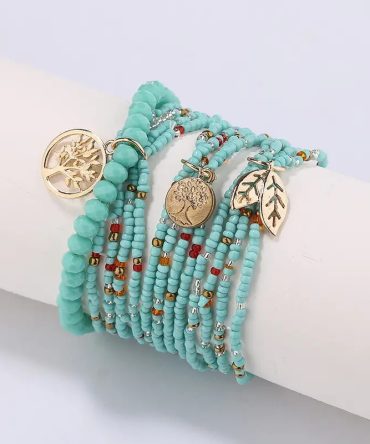 Simple Beaded Bracelet Set Tree Of Life Shape Pendant Stackable Boho Style Hand Jewelry
