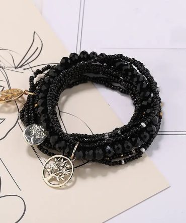 Simple Beaded Bracelet Set Tree Of Life Shape Pendant Stackable Boho Style Hand Jewelry