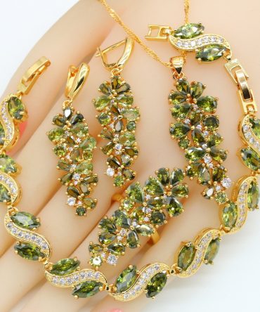 Luxury Green Peridot Gold Plated Jewelry Sets for Women Earrings Necklace Pendant Ring Bracelet Christmas Birthday Gift