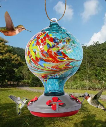Hummingbird Feeders For Outdoors Hanging; Hand Blown Glass Hummingbird Feeder with Attractive Spiral Pattern For Garden Decor