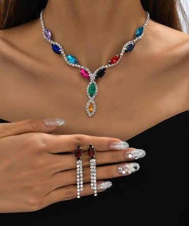 Women's Colorful Crystal Necklace Earrings 2 Pieces Set Jewelry