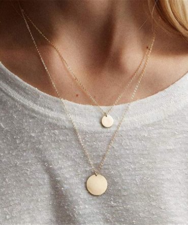 Layered Choker Necklace; Handmade 14K Gold Plated Y Pendant Necklace Multilayer Bar Disc Necklace Adjustable Layering Choker Necklaces for Women