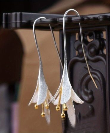 Female Fashion Vintage Blooming Flowers Plated Gold Two Tone 925 Silver Plated Dangle Hanging Engagement Jewelry Earrings
