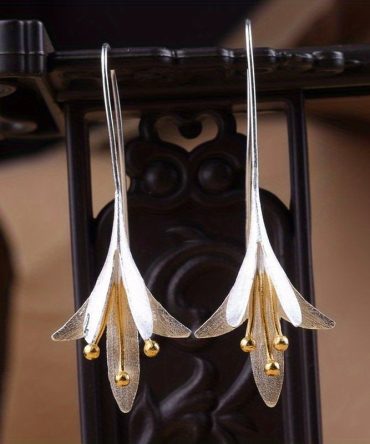 Female Fashion Vintage Blooming Flowers Plated Gold Two Tone 925 Silver Plated Dangle Hanging Engagement Jewelry Earrings