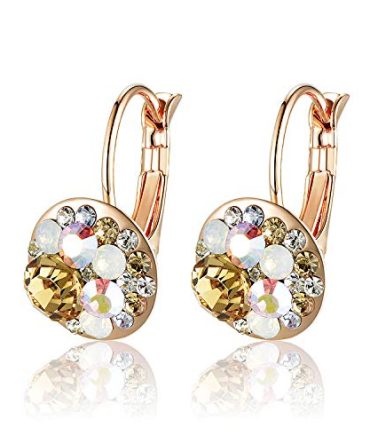 Multicolored Austrian Crystal Leverback Earrings for Women 14K Gold Plated Dangle Hoop Earrings Hypoallergenic Jewelry
