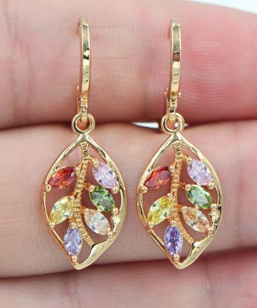 Multicolor Mystic Cubic Zirconia Women's Leaf Dangle Earrings Jewelry 14K Gold Plated Ear Decoration Gift
