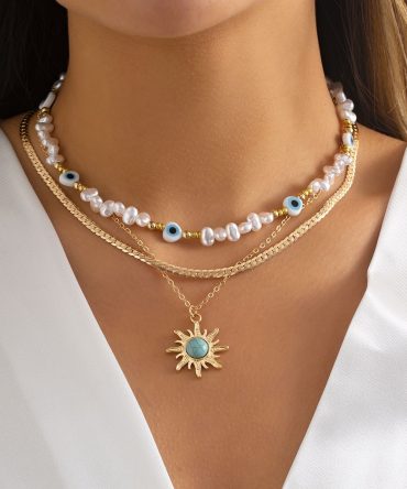 3pcs Vintage Ethnic Baroque Pearl Sun Pendant Set Necklace For Women