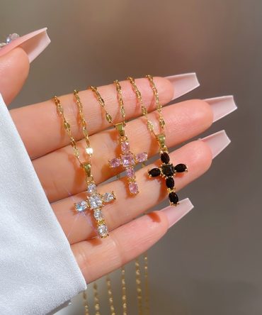 Bring Luck to Your Life with Our Inlaid Rhinestone Lucky Prayer Cross Pendant Necklace - Perfect Unisex Jewelry Gift in Stainless Steel with 18K Gold Plating