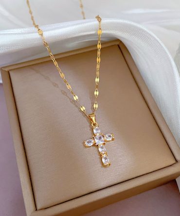 Bring Luck to Your Life with Our Inlaid Rhinestone Lucky Prayer Cross Pendant Necklace - Perfect Unisex Jewelry Gift in Stainless Steel with 18K Gold Plating