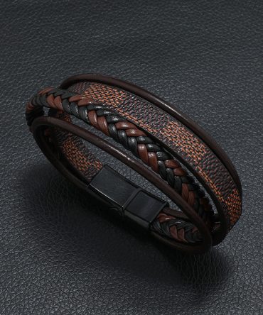 New Men's Authentic Leather Weave Striped Alloy Magnetic Buckle Multi-layer Leather Bangle Bracelet