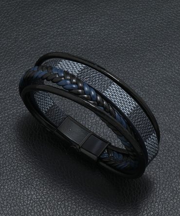 New Men's Authentic Leather Weave Striped Alloy Magnetic Buckle Multi-layer Leather Bangle Bracelet
