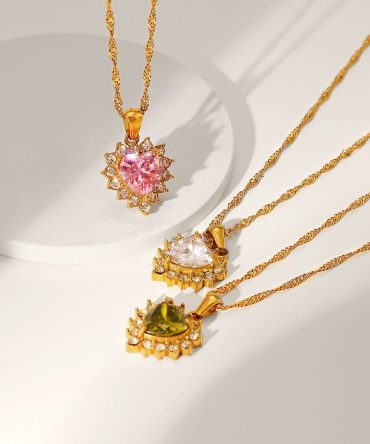 Women's Zircon Heart Necklace Stainless Steel Jewelry 18k Gold Chain Necklace Shiny Green/pink/white Pendant Necklace