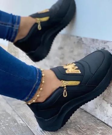 Women Sport Shoes Thick Bottom Solid Color Ladies Vulcanized Sneakers Casual Wedge Walking Shoes Slip On Zipper Women Shoes