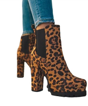 Women Ankle Boots Flock Leopard Slip On Short Boots Women's High Heels Platform Autumn Shoes Ladies Booties Retro Plus 43