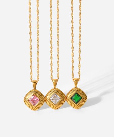 Stainless Steel Necklace 18k Gold Square Rib Button White/pink/green Zircon Pendant Necklace Women