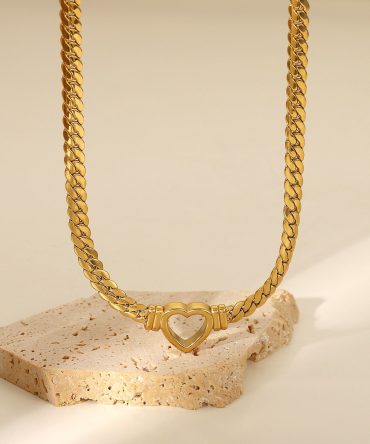 Stainless Steel Cuban Chain Heart Necklace 14k Gold Plated Openwork Flat Snake Chain Heart Pendant For Women