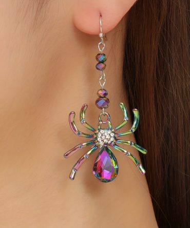 Halloween Colorful Rhinestone Spider Design Dangle Earrings Cute Vocation Style Zinc Alloy Jewelry Female Gift
