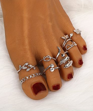 9 Pcs Adjustable Foot Ring Set - Snake, Butterfly, Dragonfly, Dolphin, Heart, Leaf, etc.