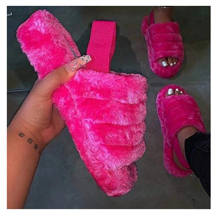 Women Fur Wedge Slippers with Ankle Elastic Band Open Toe Winter Slides Home Slipper Plush Slip-on Fluffy Warm Indoor Slippers Comfortable - Image 46