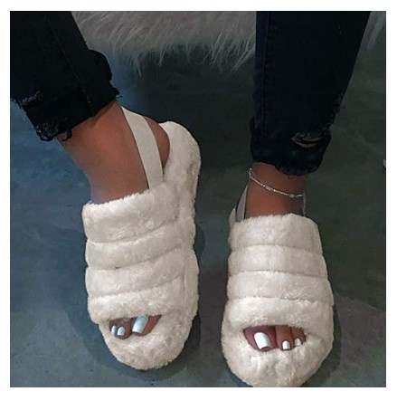Women Fur Wedge Slippers with Ankle Elastic Band Open Toe Winter Slides Home Slipper Plush Slip-on Fluffy Warm Indoor Slippers Comfortable - Image 33