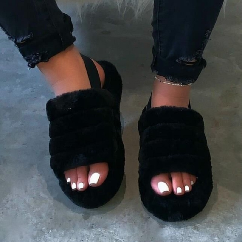 Women Fur Wedge Slippers with Ankle Elastic Band Open Toe Winter Slides Home Slipper Plush Slip-on Fluffy Warm Indoor Slippers Comfortable - Image 54