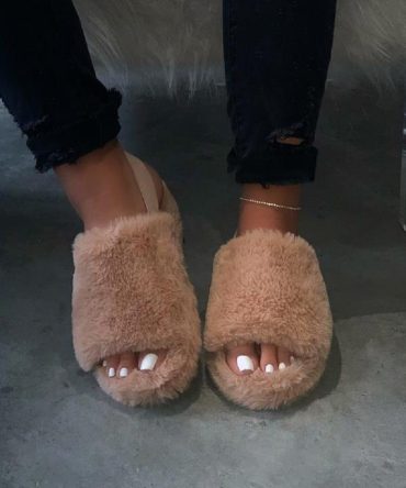Women Fur Wedge Slippers with Ankle Elastic Band Open Toe Winter Slides Home Slipper Plush Slip-on Fluffy Warm Indoor Slippers Comfortable