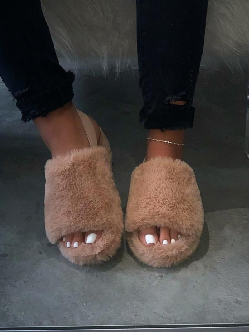 Women Fur Wedge Slippers with Ankle Elastic Band Open Toe Winter Slides Home Slipper Plush Slip-on Fluffy Warm Indoor Slippers Comfortable - Image 79